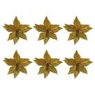 6 Poinsetia Flor Pick Natalina Veludo Glitter Dourado 20Cm