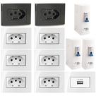 6 Tomada Embutir 3 Pinos 10a Branca + 2 Preta + 1 Usb 1a + 3 Caixa Sobrepor Unipolar 20a
