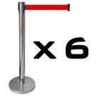 6 X Pedestal Organizador Separador de Fila Cromado Com Fita Retrátil Vermelha