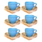 6 Xícaras Paris Café 75ml Azul Gratidão Moderna Com Pires De Coração