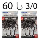 60 Anzóis Live Bait 3/0 Kit Anzol Marine Sports Aço Carbono