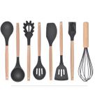 8 Utensílios De Cozinha Silicone Com Cabo De Bambu Preto