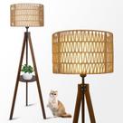 Abajur de chão tripé boho LAMSU 150 cm em madeira com cúpula de rattan