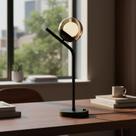 Abajur Luminária de Mesa Inclinado Jabuticaba Preto bivolt Com Vidro Globo Ambar