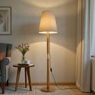 Abajur Luxo de Chão Retrô Luminária de Piso Pés Madeira com Cúpula Tecido para Casa Sala Quarto Escritorio Estúdio Decoração Moderna Elegante Bivolt
