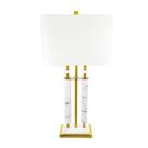Abajur Luxuoso Marmore em Tubos Metal Dourado Retangular Cupula Tecido Branco