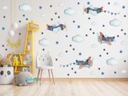 adesivo de parede aviões bandeira aquarela nuvens menino azul e cinza berçário infantil