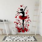 Adesivo de parede Ballet Dancer com borboletas e rosas vermelhas 30x90cm
