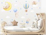 Adesivo De Parede coelhos aquarela balão bexigas lua nuvens