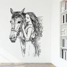 Adesivo de parede criativo desenhado à mão para decoração de casa de cavalo e mulher