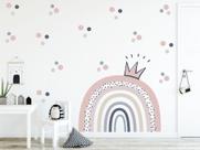 Adesivo de Parede Infantil Arco Íris Boho e Bolinhas Meninas