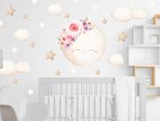 Adesivo de Parede Lua com Florais Nuvens Estrelas Aquarela Decoração Berçário