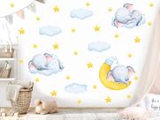 Adesivo de Parede lua nuvens Elefante Cute Baby Aquarela