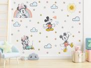Adesivo De Parede Mickey Minnie Rabisco Aquarela Decoração Quarto Estrelas Nuvens Pássaros Lúdico