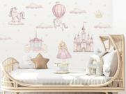 Adesivo de Parede Princesas Cute Aquarela Castelo Carruagem