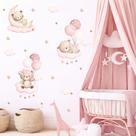 Adesivo De Parede Quarto De Meninas Nuvem Lua Ursinho Aquarela Bexigas Nuvens Rosa