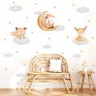 adesivo de parede raposas aquarela laranja lua nuvens cute baby decoração berçário