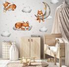 Adesivo de Parede Raposas Aquarela Lua Nuvens Grande Decoração Cabeceira Berço