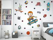 Adesivo de Parede Skate Bolas Esporte Menino Diversão Game