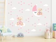 adesivo de parede ursa princesa lua nuvem vestido rosa decoração cute baby quarto meninas