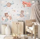 Adesivo de Parede Ursinho Aviador Aviões Tons Boho Cute Adesivo de Parede Ursinho Aviador Aviões Tons Boho Cute