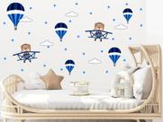 adesivo de parede ursos aviadores e balões azul escuro decoração quarto menino tamanho p