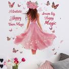 Adesivo de parede vestido rosa para menina com borboletas PVC 70x73cm