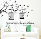 Adesivo Decorativo de Parede Árvore Com Gaiolas e Frase