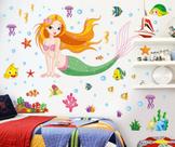 Adesivos de parede Cartoon Mermaid com peixes e criaturas marinhas 50x70cm