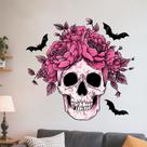 Adesivos de parede Caveira de Halloween com flores cor de rosa PVC 34x32cm