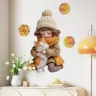 Adesivos de parede Cute Girl with Cat 3D Effect PVC Wall Art Dec