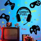 Adesivos de parede Gamer Fuel Cartoon, fone de ouvido e controladores