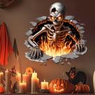 Adesivos de parede Halloween Skeleton 3D Burning Flame Skull