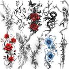 Adesivos de tatuagem temporária Flores com espinhos, conjunto com 10 folhas Adesivos de tatuagem temporária Flores com espinhos, conjunto com 10 folhas