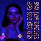 Adesivos de tatuagem temporária UV neon borboleta para rosto e braço, 8 peças Adesivos de tatuagem temporária UV neon borboleta para rosto e braço, 8 peças