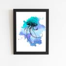 Água Viva Azul e Roxo Aquarela Quadro Moldura Preta 60x40cm Água Viva Azul e Roxo Aquarela Quadro Moldura Preta 60x40cm