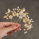 Alfinetes de cabelo HEREAD Pearl Bride Wedding Leaf, pacote com 3 folhas douradas