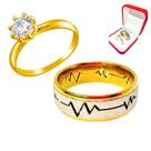 Aliança 6mm Casamento Ouro 18k Batimento Cardíaco + Anel Solitário 2mm Zircônia Branca Noivado Casal Luxo