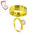 Aliança Casamento Banhada Ouro 18k 6mm Friso Brilhos + Solitario Dourado 2mm Pedra Branca Presente