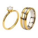 Aliança Casamento Ouro 18k Friso Prata 6mm + Anel solitário 2mm Banhado Ouro 18k Pedra Branca