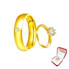 Aliança Dourada Lisa 6mm Casal Pedra Zirconia Branca + Solitario 2mm Ouro 18k Pedra Branca Compromis