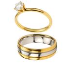 Aliança Noivado Ouro 18k 6mm Borda Friso Prata + Anel Solitário 2mm Ouro 18k Pedra Zircônia Casal
