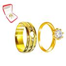 Aliança Ouro 18k 6mm Coração Pedra Risco + Anel Solitário Banhado Ouro 18k 2mm Pedra Branca Casal Noivado