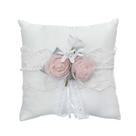 Almofada de aliança de casamento elegante branca com renda e flores rosa