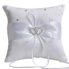 Almofada de aliança de casamento elegante com coração de cristal, laço de cetim branco