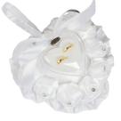 Almofada de aliança de casamento elegante em forma de coração de vidro branco acetinado