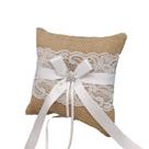 Almofada de aliança de casamento rústica com laço de renda e cetim 15x15cm