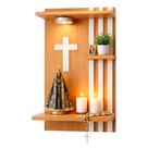Altar de Parede Ripado para Santo com LED - Suporte Capela de Oração em MDF - Marrom