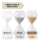 Ampulheta Vidro 15 Minutos Areia Brilhosa e Colorida Cores Branco Prata e Dourado Decorativo