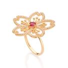 Anel banhado ouro 3x 24k 18k e 22k feminino com pedra rommanel grande botão flor esferas, zircônias e cristal rosa 513388